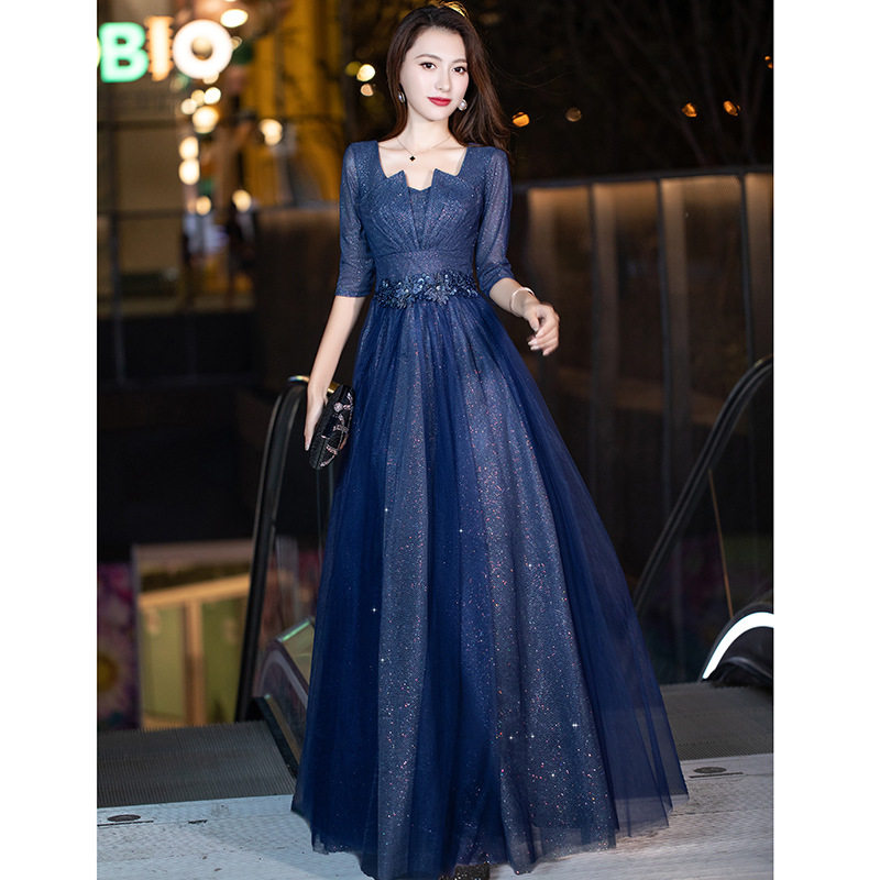 蓝色晚礼服高端轻奢小众名媛宴会高级感演出服18成人礼主持人裙女