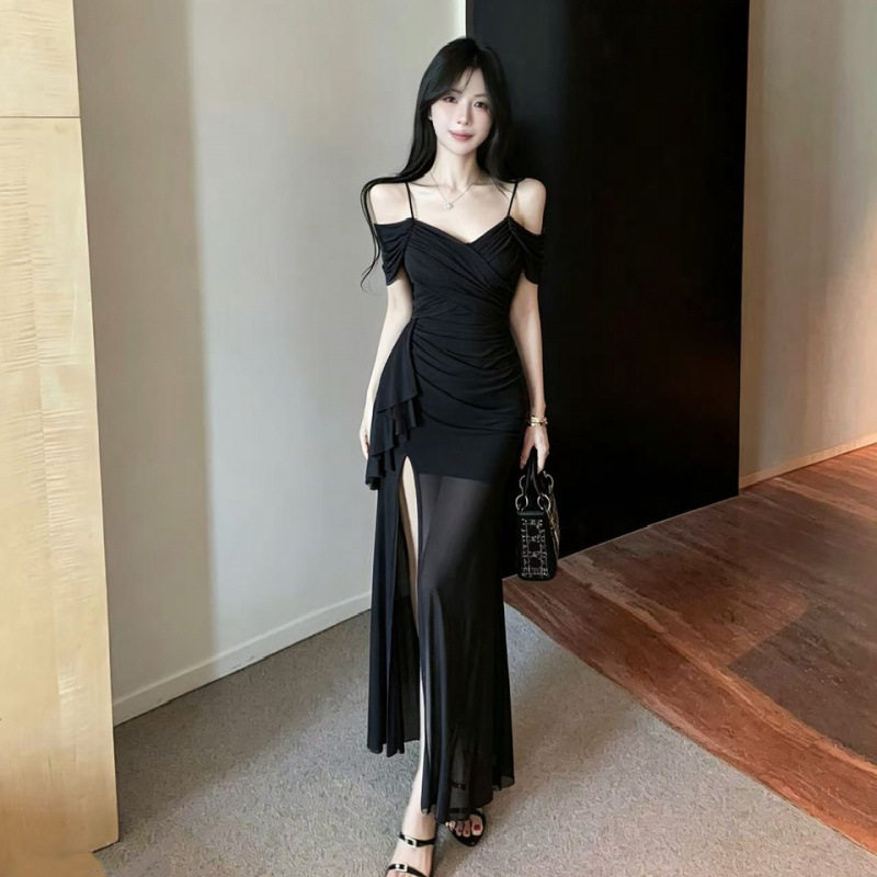 2026性感低胸露肩吊带连衣裙夜总会柔式技师工作服女晚礼服长裙子