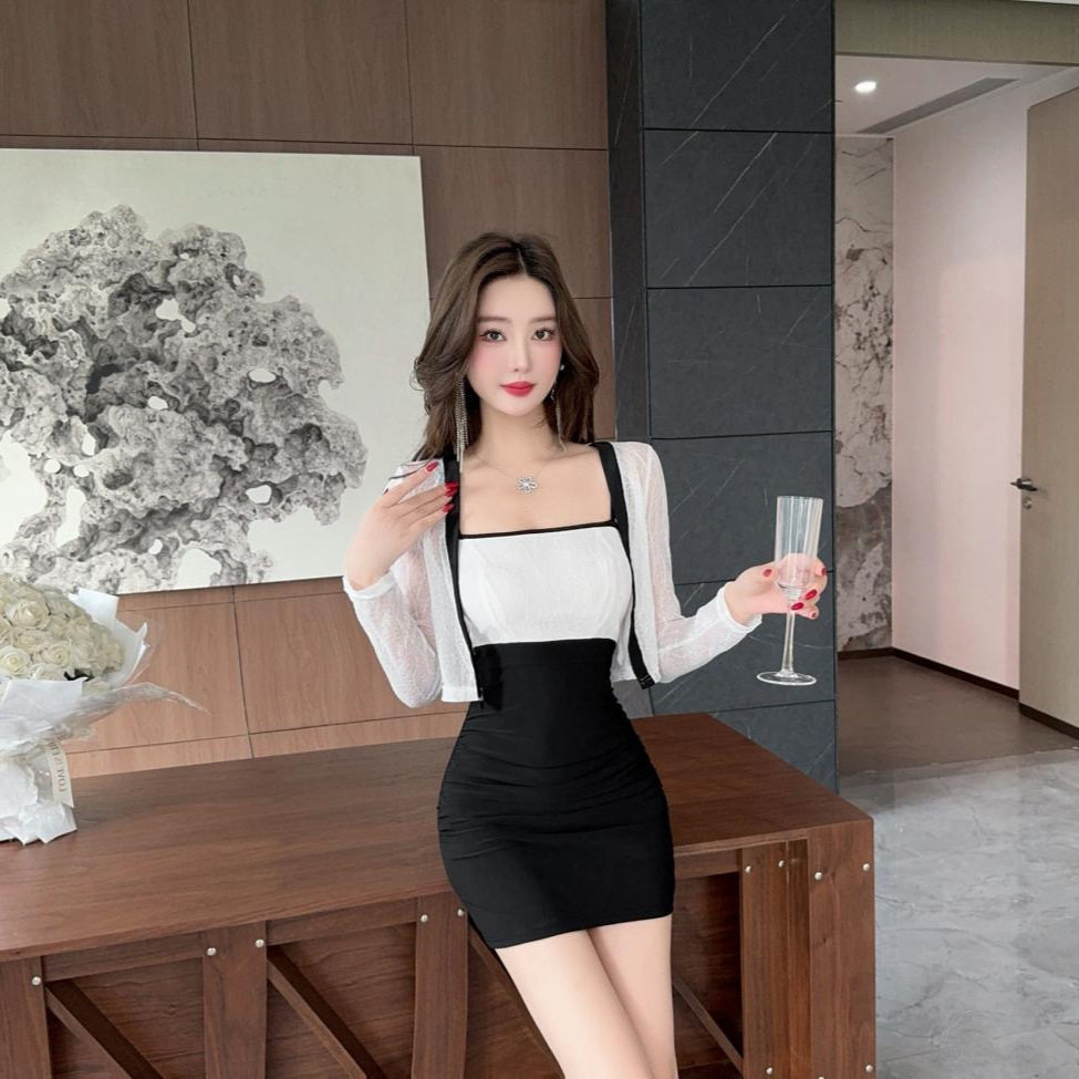 新款夜总会性感吊带连衣裙一字领包臀短裙披肩套装两件套夜场女装