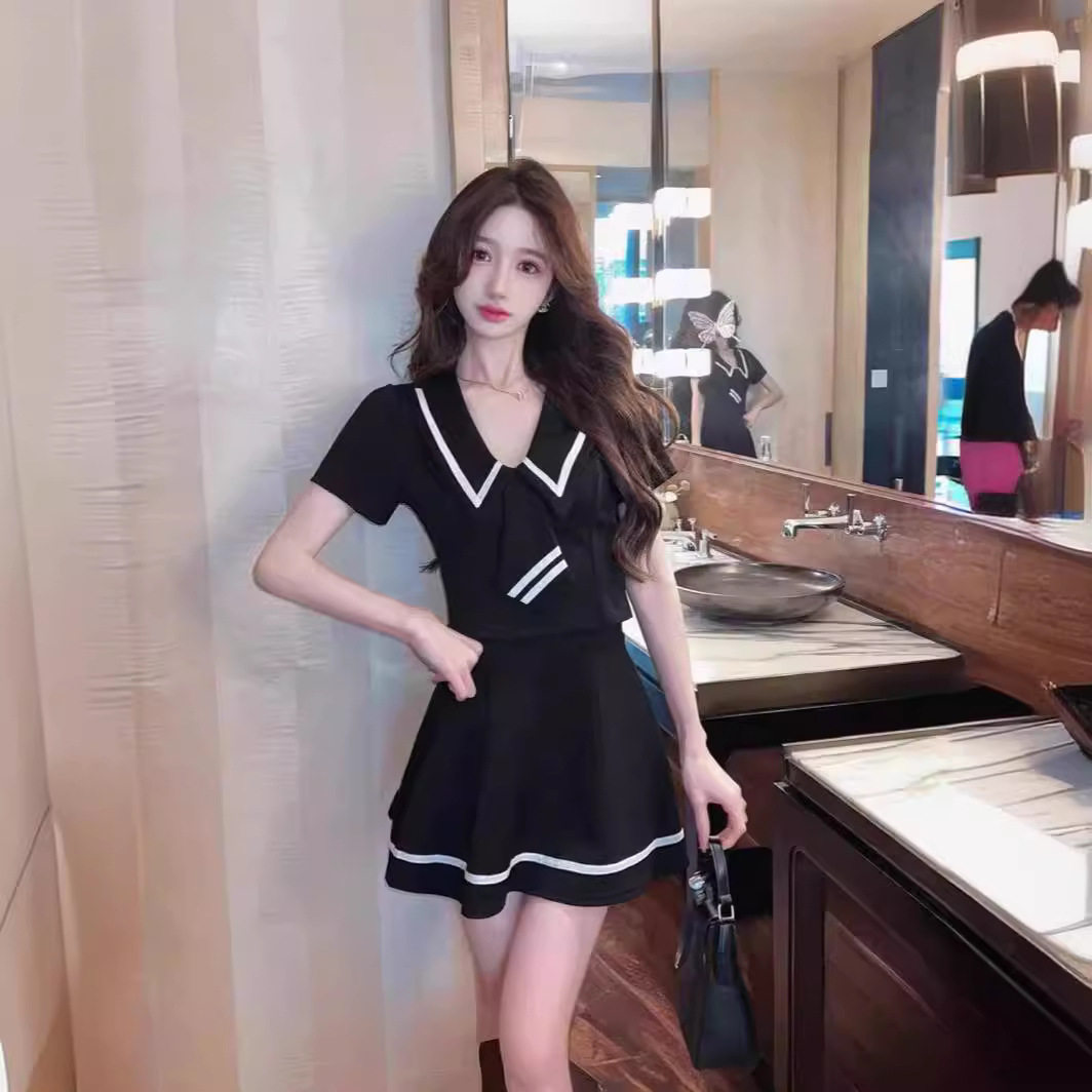 学院风性感纯欲短袖+半身裙制服套装裙气质显瘦A字连衣裙女两件套