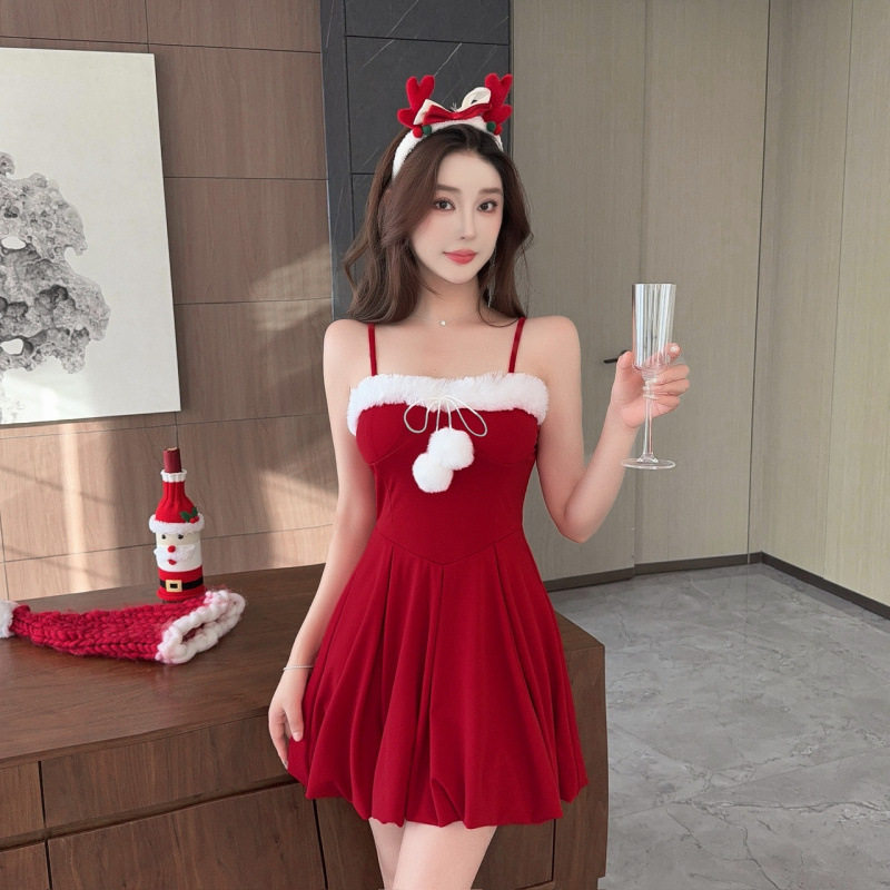 圣诞女装时尚性感毛绒拼接收腰显瘦a字裙子夜总会新款吊带连衣裙