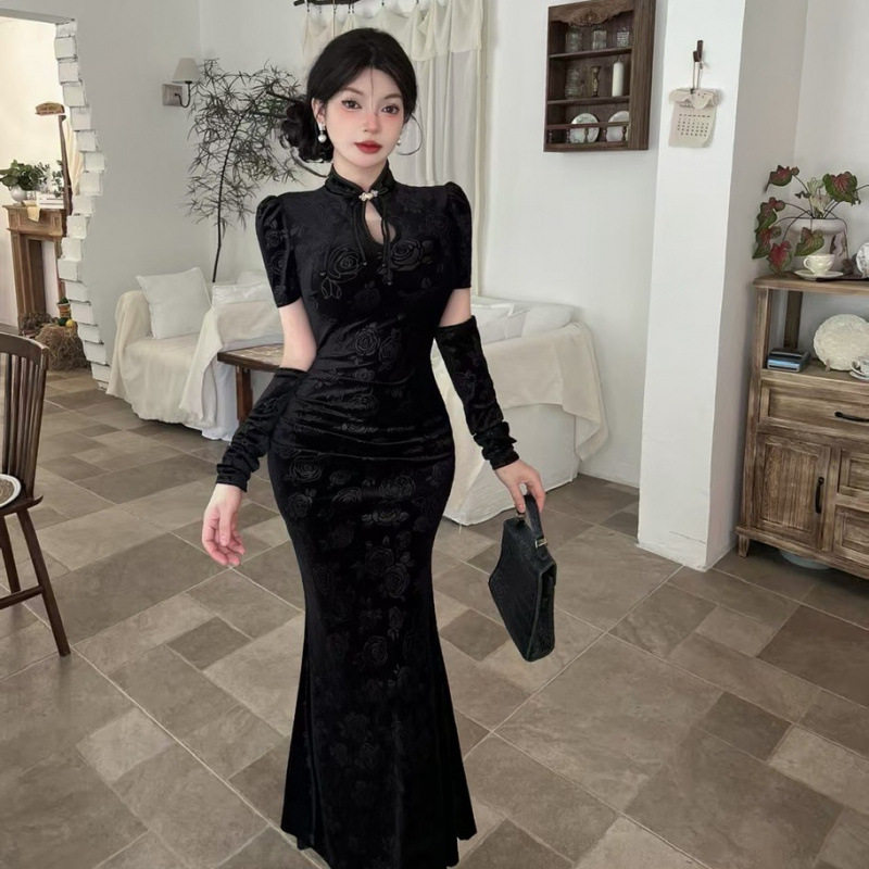 性感长款金丝绒改良旗袍裙修身显身材包臀连衣裙配袖套宴会礼服裙