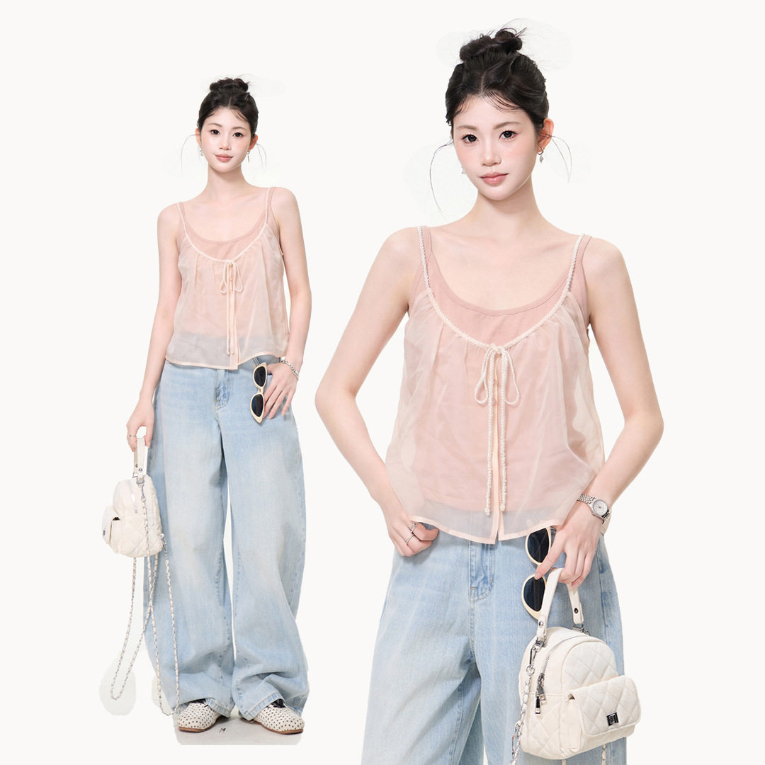 粉色假两件网纱吊带背心女2026夏季新款外穿美背露肩系带小衫上衣
