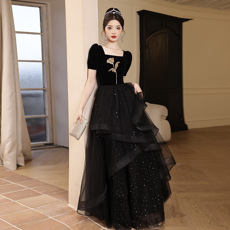 黑色晚礼服裙女宴会气质高端轻奢小众法式高级感主持人毕业成人礼