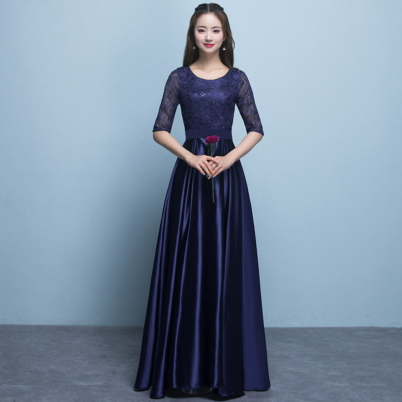 礼服女2026年新款冬季年会藏青色宴会聚会主持人晚礼服长款伴娘服