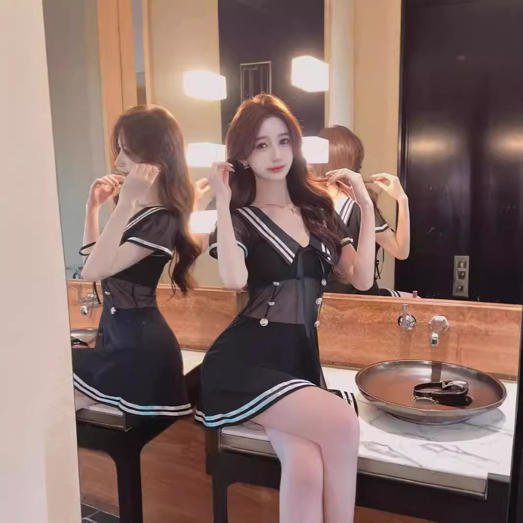 夜场女装新款足浴技师工作服性感v领网纱透视镂空制服a字连衣裙夏