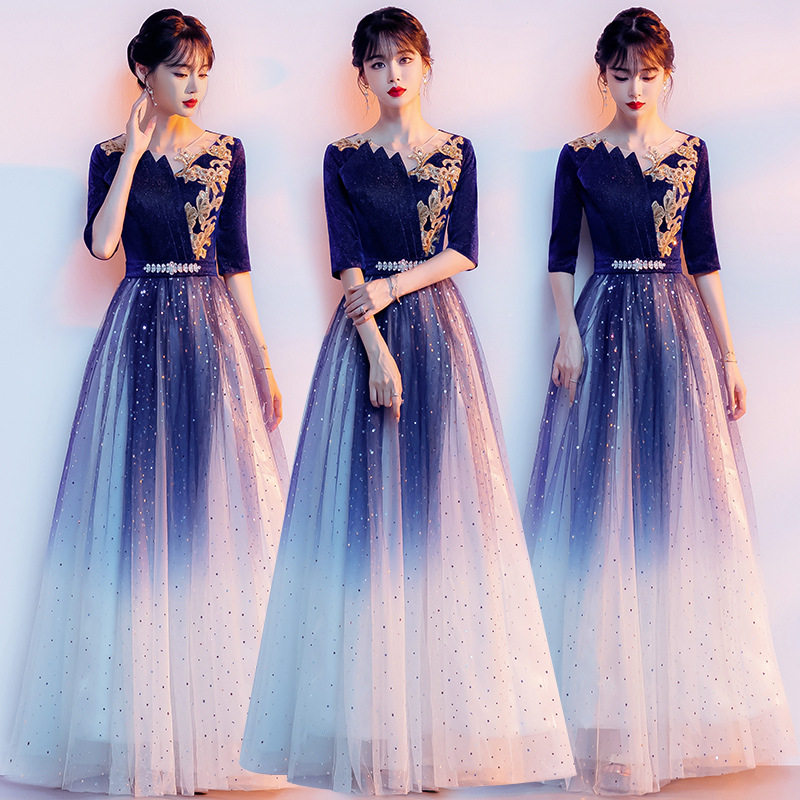 星空晚礼服女高级感大合唱演出服蓝色主持人学生艺考成人独唱年会