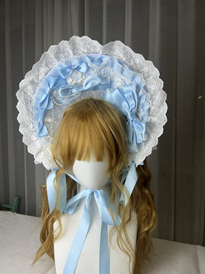 原创lolita手作蓝色蕾丝蝴蝶结飘带发带发饰发带bnt昭和礼帽草帽