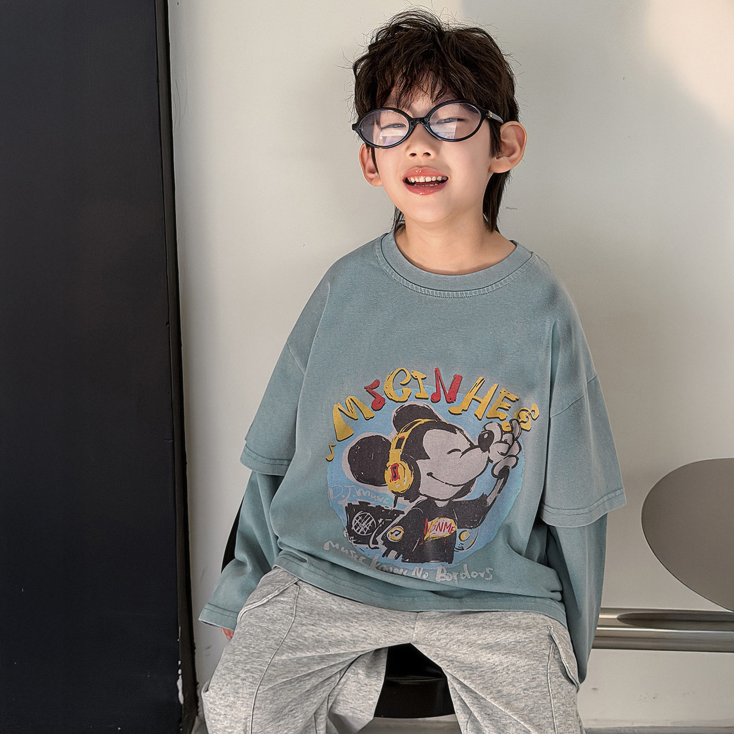 棉小铺男童T恤儿童春季韩版2026新款卡通运动长袖假两件童装上衣