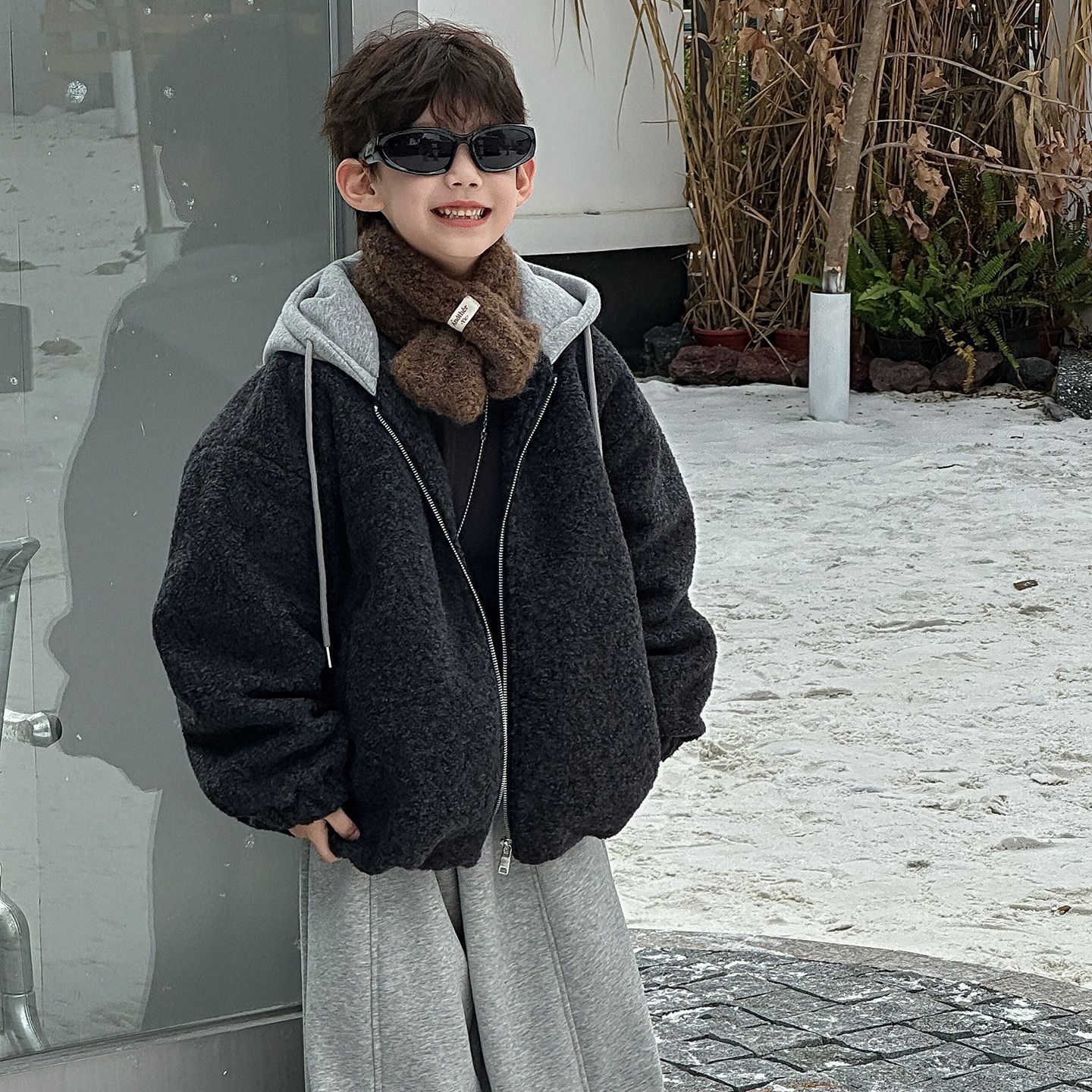 棉小铺男童秋冬外套儿童韩版2025新款童装连帽保暖加棉加厚羊卷毛
