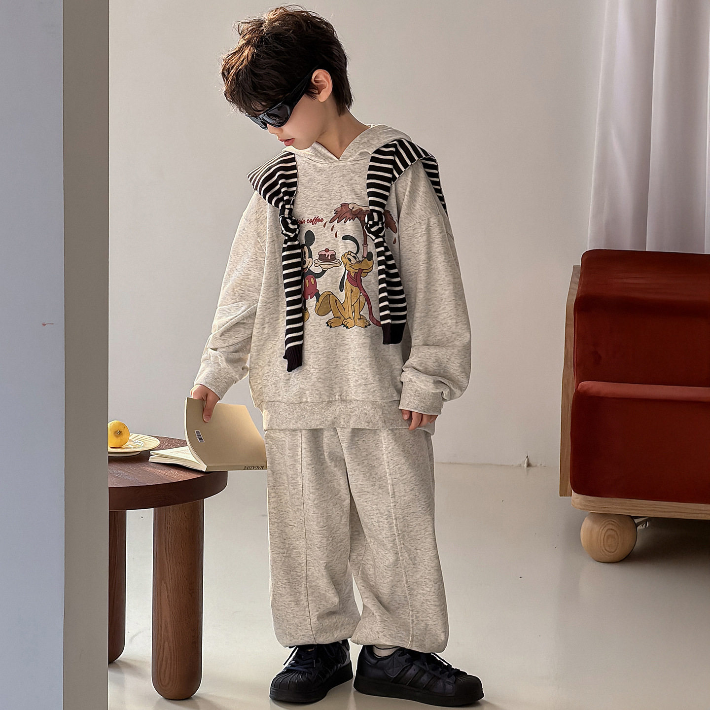 棉小铺男童套装儿童春季韩版2026新款卡通运动宽松连帽两件套童装