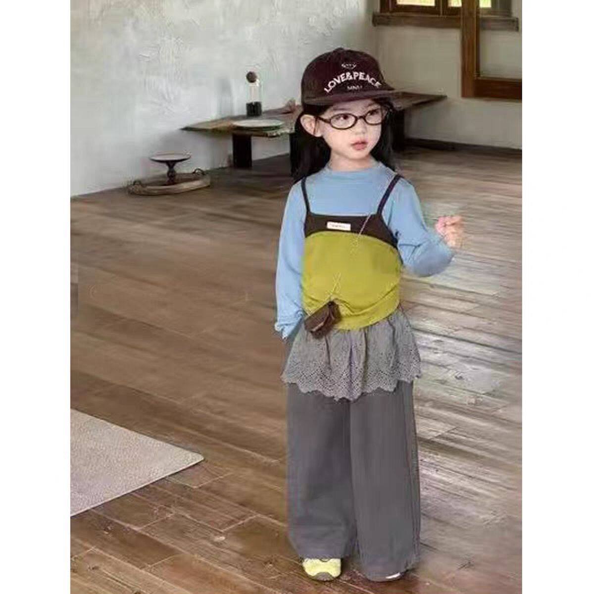 女童套装早春新款女孩洋气叠穿拼色吊带打底衫儿童屁帘休闲裤