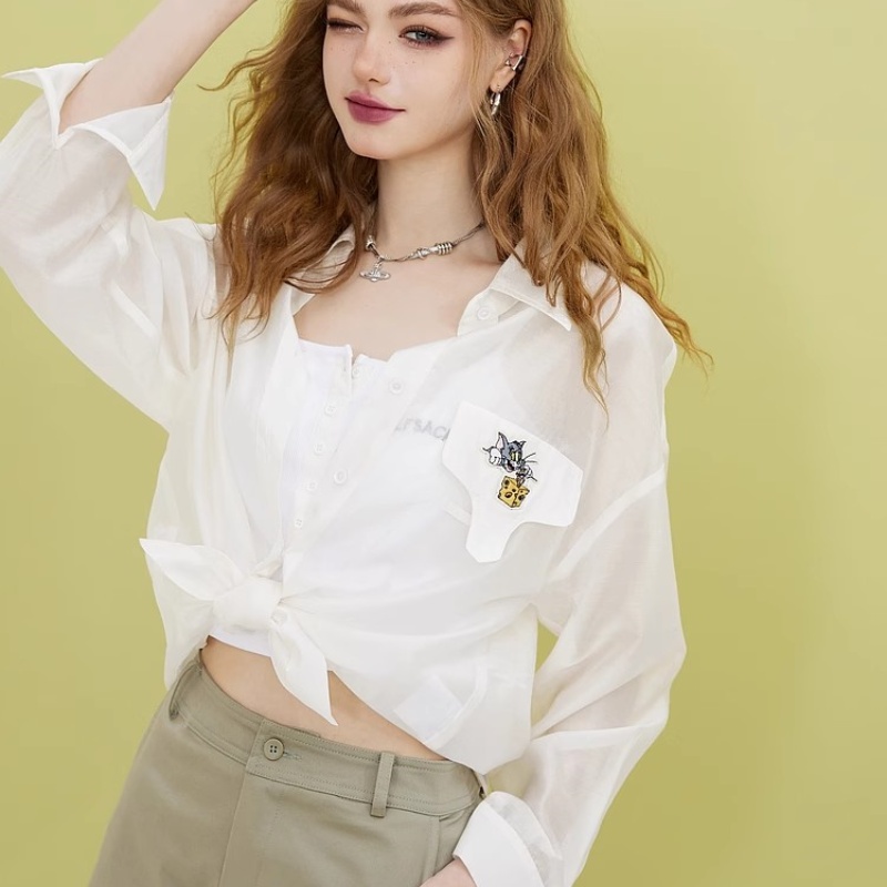 猫和老鼠联名妖精的口袋爽滑梭织长袖衬衫女2025春季新款小衫