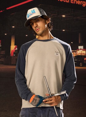 AGRYPNIA 25FW水洗做旧华夫格拼接插肩印花长袖T恤