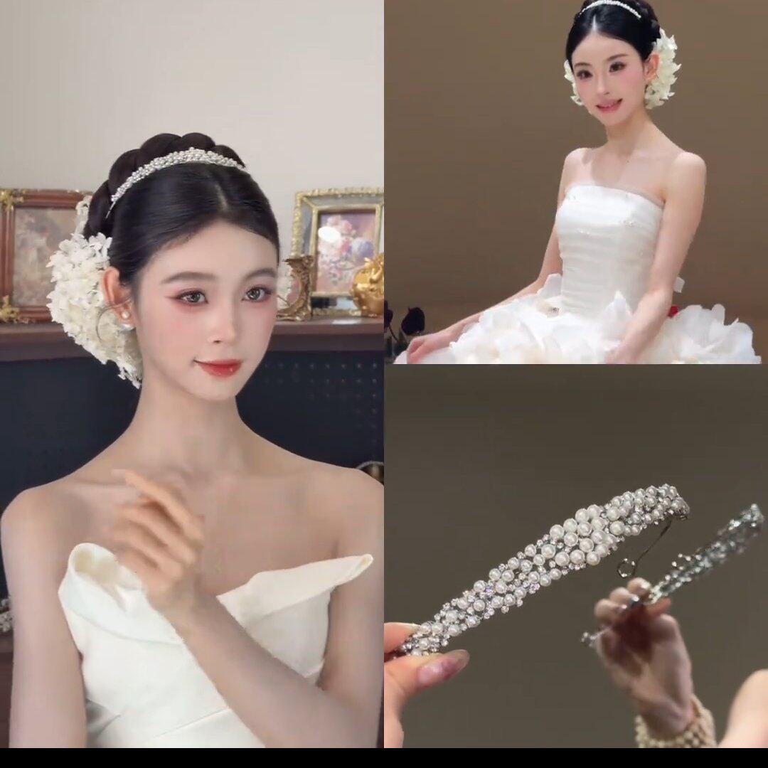 皇冠新娘头饰合金镶珍珠水钻小皇冠发饰日韩欧美跨境新娘婚礼头纱