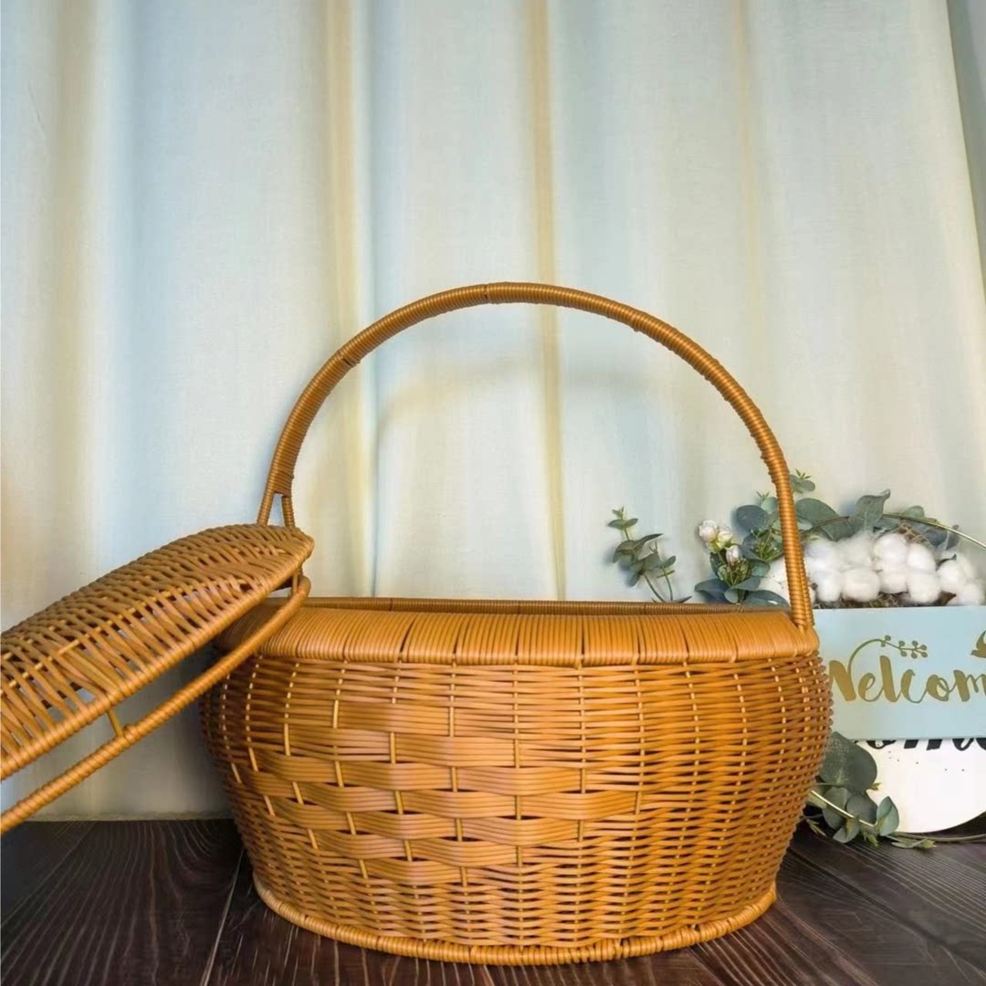 LX047 모조 등나무 수제 가정용 식료품 쇼핑 순수 수제 라운드 복고풍 짠 바구니 보관 바구니 42*34.5*19|41