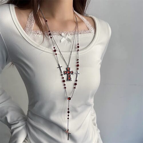 Beaded Cross Pendant Collarbone Necklace Dark Gothic Jewelry