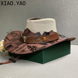 美式复古西部牛仔帽子男女春夏户外网纱透气骑马遮阳帽大檐藏族帽