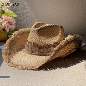 拉菲草帽女2025新款 夏天出游登山防晒遮阳帽羽毛藏族西部牛仔帽男