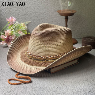大檐草帽女夏季户外草原旅行骑马遮阳帽大西北帽子男士西部牛仔帽