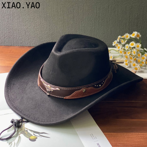 藏族牛头装饰西部牛仔帽子男女秋冬旅游骑马遮阳帽黑色毛呢爵士帽
