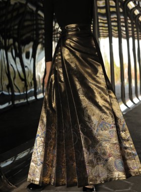 汉服黑金马面裙新款新中式国风明制半身裙加长小个子日常重工金色