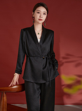 黑色醋酸外套女士上衣女2024新款秋季休闲西服高端设计感系带长袖