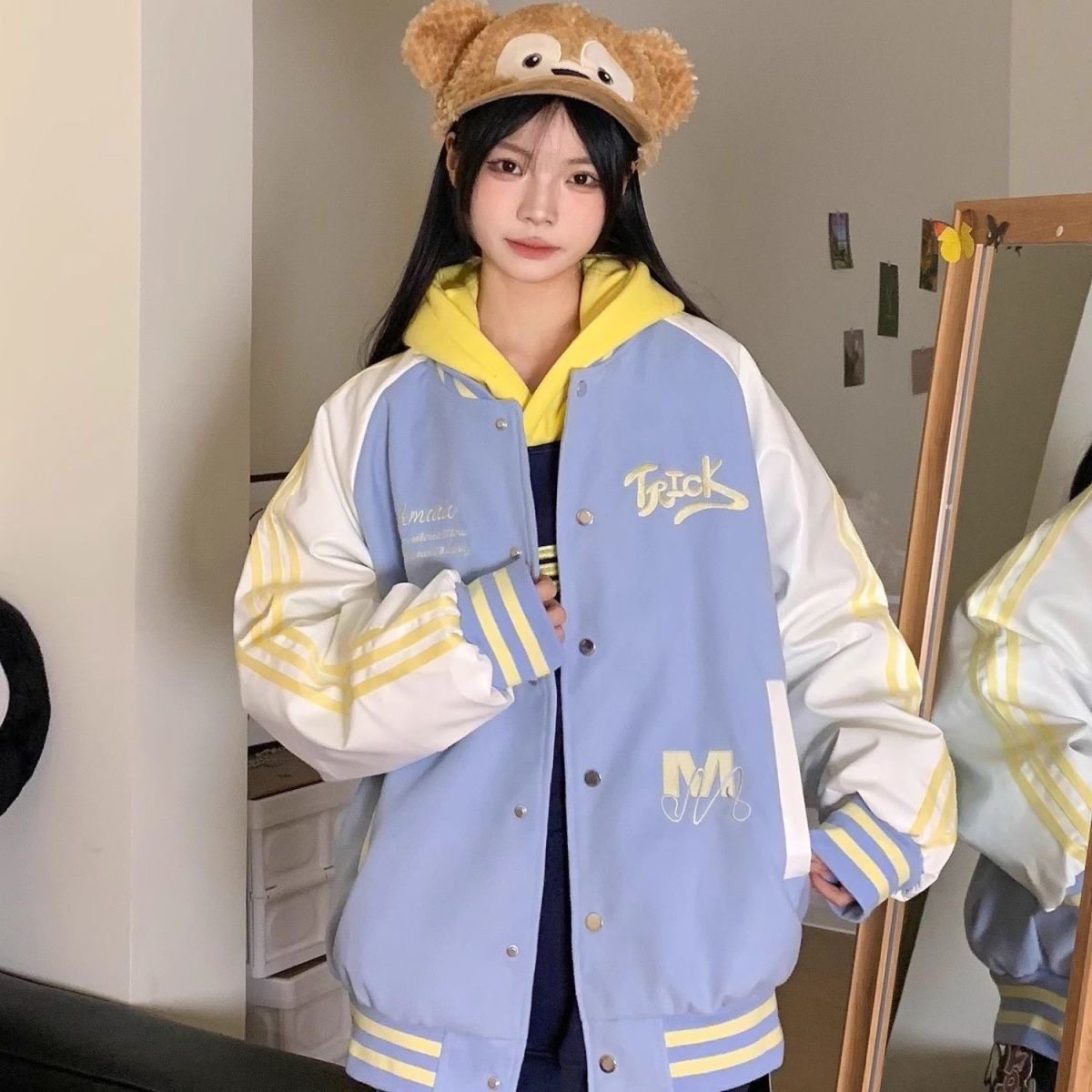 国潮美式撞色三条杆棒球服女宽松春秋季2025新款oversize夹克外套