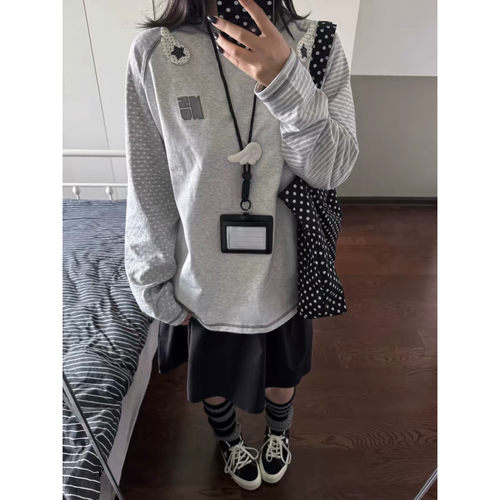 韩系波点天使翅膀条纹插肩长袖t恤女早秋宽松休闲百搭轻亚感上衣