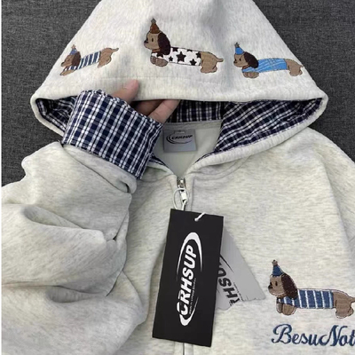 美式小狗刺绣假两件开衫卫衣女秋冬加绒加厚小个子韩系慵懒风外套