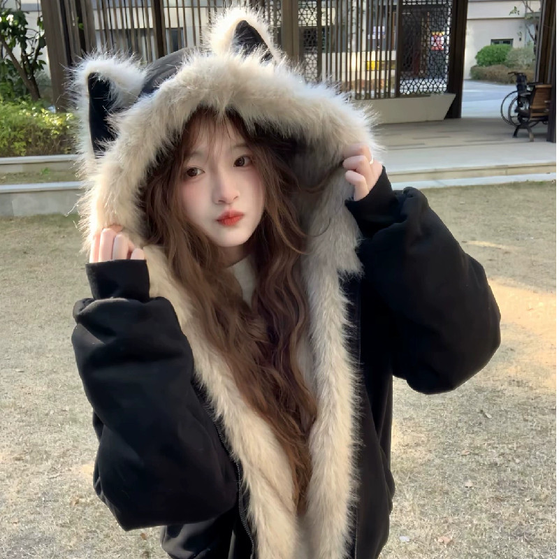 黑色麂皮毛领座山雕猫耳朵连帽外套男女冬季加绒加厚情侣棉衣棉服