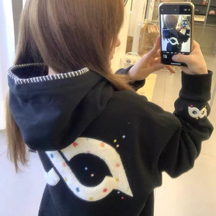 美式重磅彩色波点刺绣字母连帽卫衣男女款宽松加绒设计慵懒外套潮