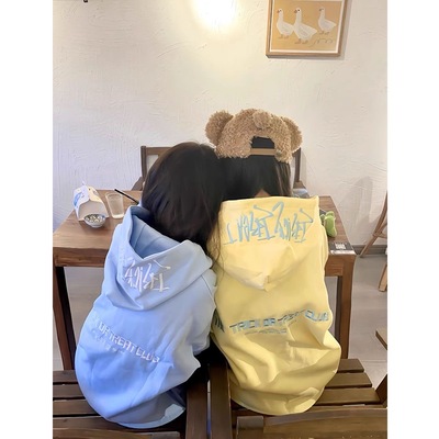 美式复古字母刺绣连帽卫衣男女秋冬高街潮牌宽松情侣加绒加厚外套