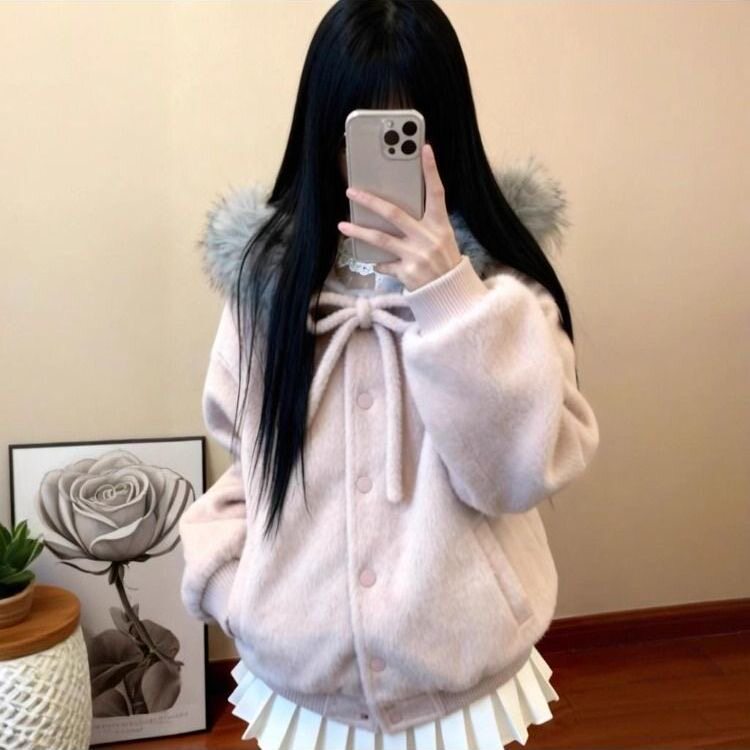美式粉色大毛领连帽毛呢外套女秋冬季宽松蝴蝶结温柔甜美加厚上衣