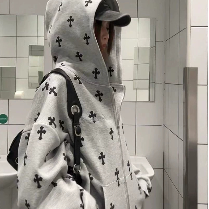 美式复古十字架满印长袖卫衣女秋冬款加厚宽松学院风开衫连帽外套