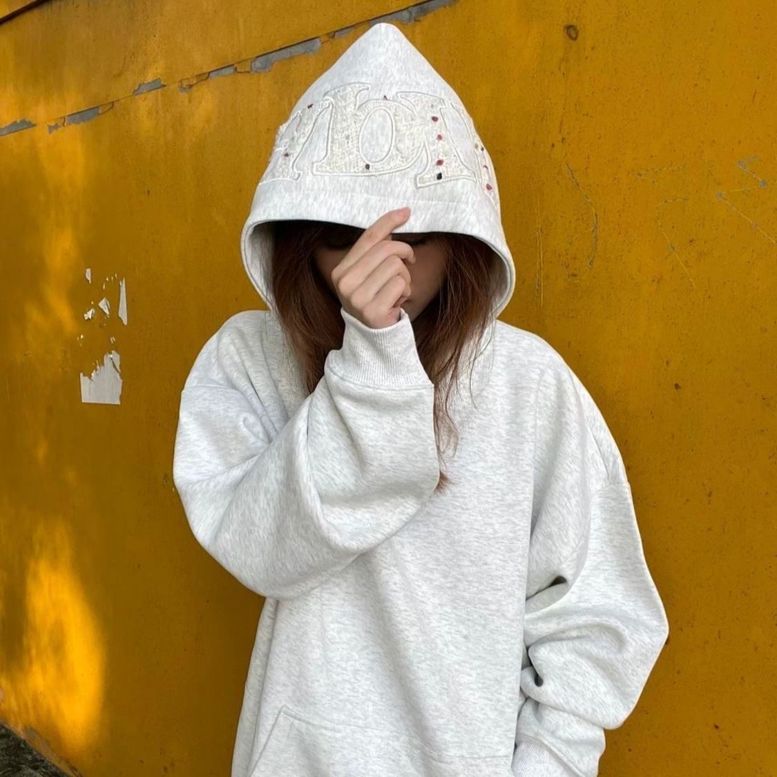 美式复古字母贴布刺绣连帽卫衣男女秋冬加绒宽松慵懒风情侣外套潮