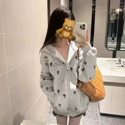 美式潮牌十字架满印卫衣男女秋冬季2025新款复古宽松拉链情侣外套