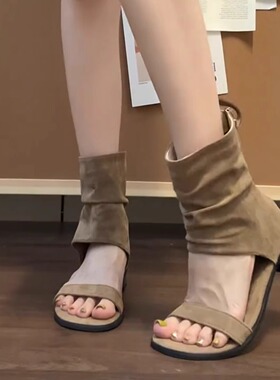 羊皮版~小个子增高3cm堆堆凉靴露趾后拉链凉靴女夏季新罗马凉鞋女