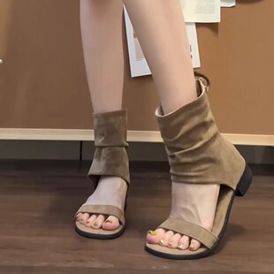 羊皮版~小个子增高3cm堆堆凉靴露趾后拉链凉靴女夏季新罗马凉鞋女