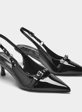 法式高跟鞋新款猫跟漆皮包头凉鞋女气质尖头后空细跟低跟铆钉单鞋