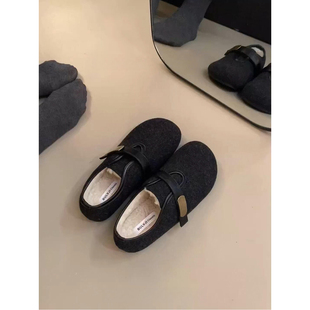 加绒保暖单鞋女内增高2025冬季新款复古毛呢棉鞋冬天通勤圆头女鞋