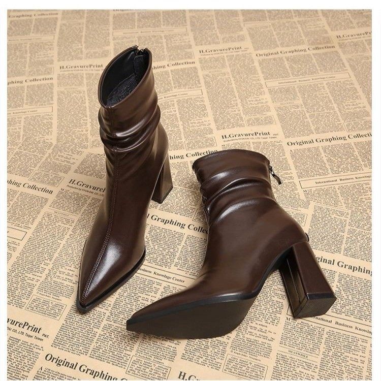 法式尖头短靴女瘦瘦靴高跟女粗跟