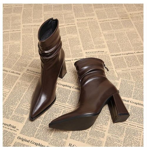 法式尖头短靴女瘦瘦靴高跟女粗跟