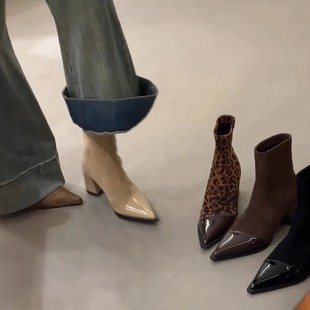 法式显瘦弹力短靴女2025新款春秋小香风尖头粗跟瘦瘦靴女高跟靴子