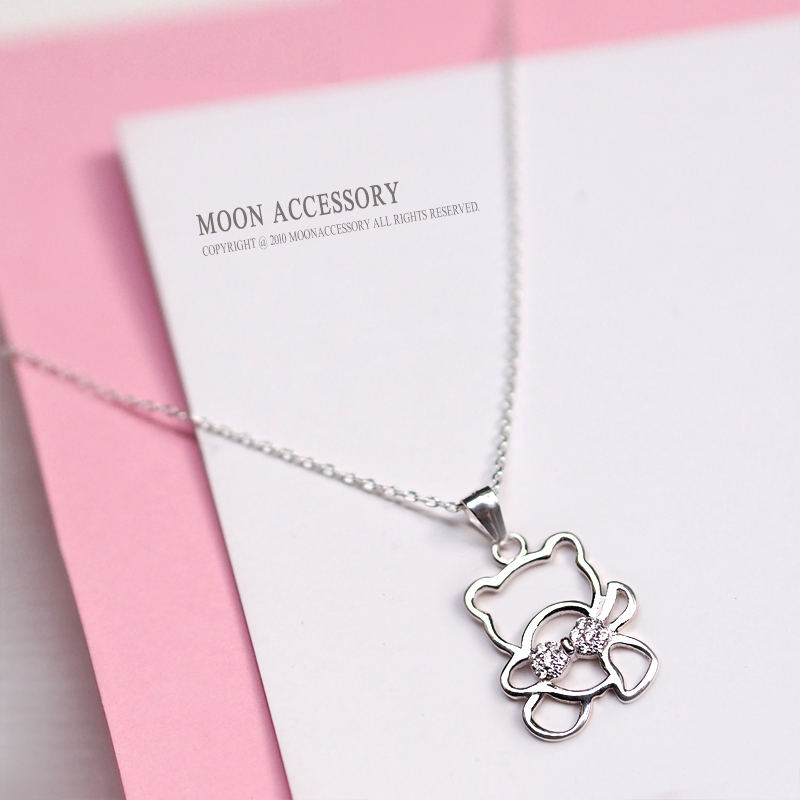 可爱戴蝴蝶结小熊项链 925纯银锆石锁骨链女简约学生闺蜜送礼物