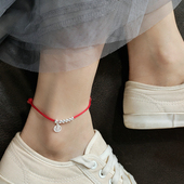 心想事成蛇年国风新中式 纯银脚链纳福圆牌红绳编织脚绳手绳礼物