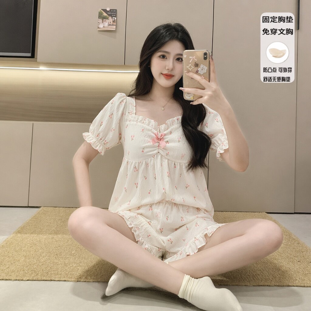 韩版带胸垫两件套睡衣女夏季云朵棉短袖短裤少女甜美家居服套装