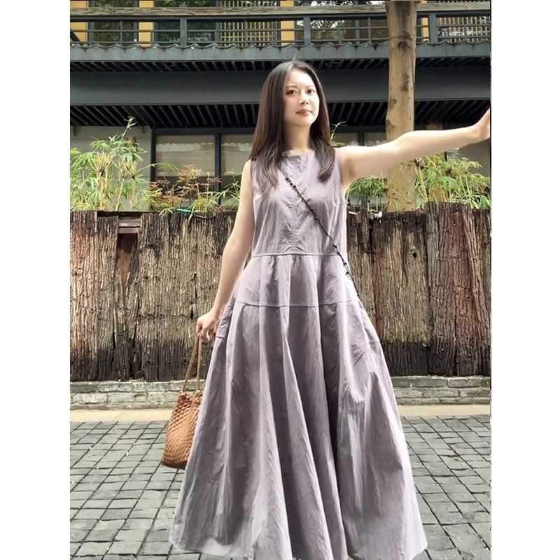 紫色无袖背心连衣裙女2025新款今年流行小个夏季穿搭长裙