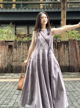 紫色无袖背心连衣裙女2025新款今年流行小个夏季穿搭长裙