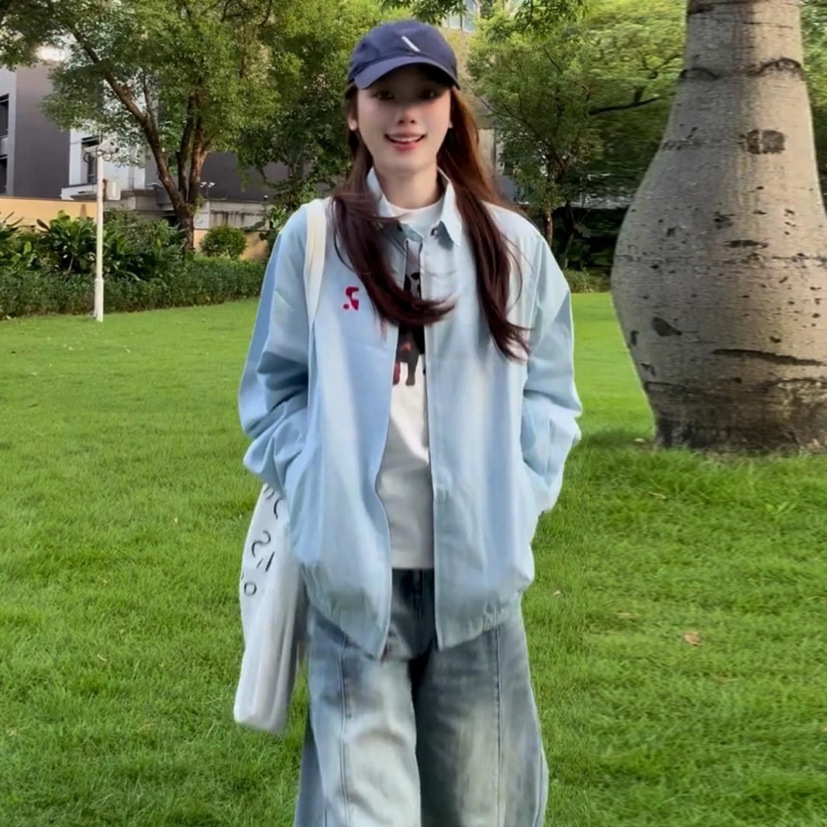 薄款/夹棉【原版起版 斜纹布 绣花】蓝色夹克外套女秋季百搭棒球